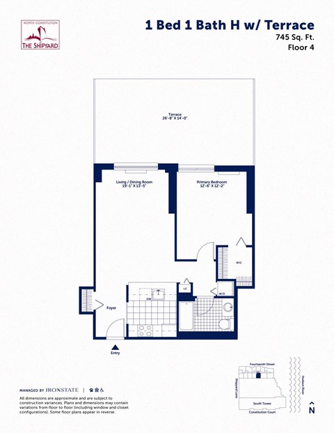Floor plan for 1 bed, 1 bath, 745 sqft